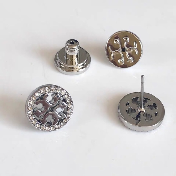 New Tory Burch Logo Circle Crystal Stud Earrings - Picture 4 of 5